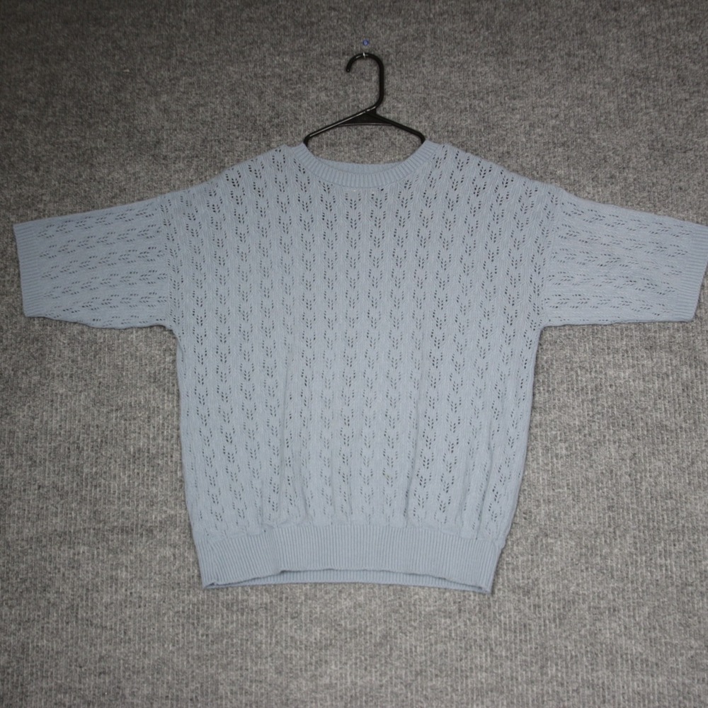 Vintage‎ Blair Ash Blue Knit Sweater Pullover Lace Openwork Short Sleeve Size L